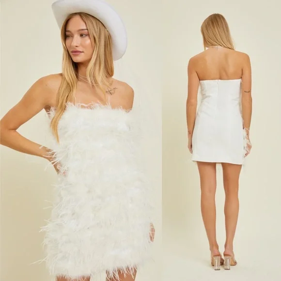Forever and Ever White Feather Mini Dress - Picture 1 of 6